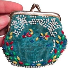 Vintage Teal Beaded Coin Purse Kiss Lock Floral Multi Color Retro Pouch 50s 60s
